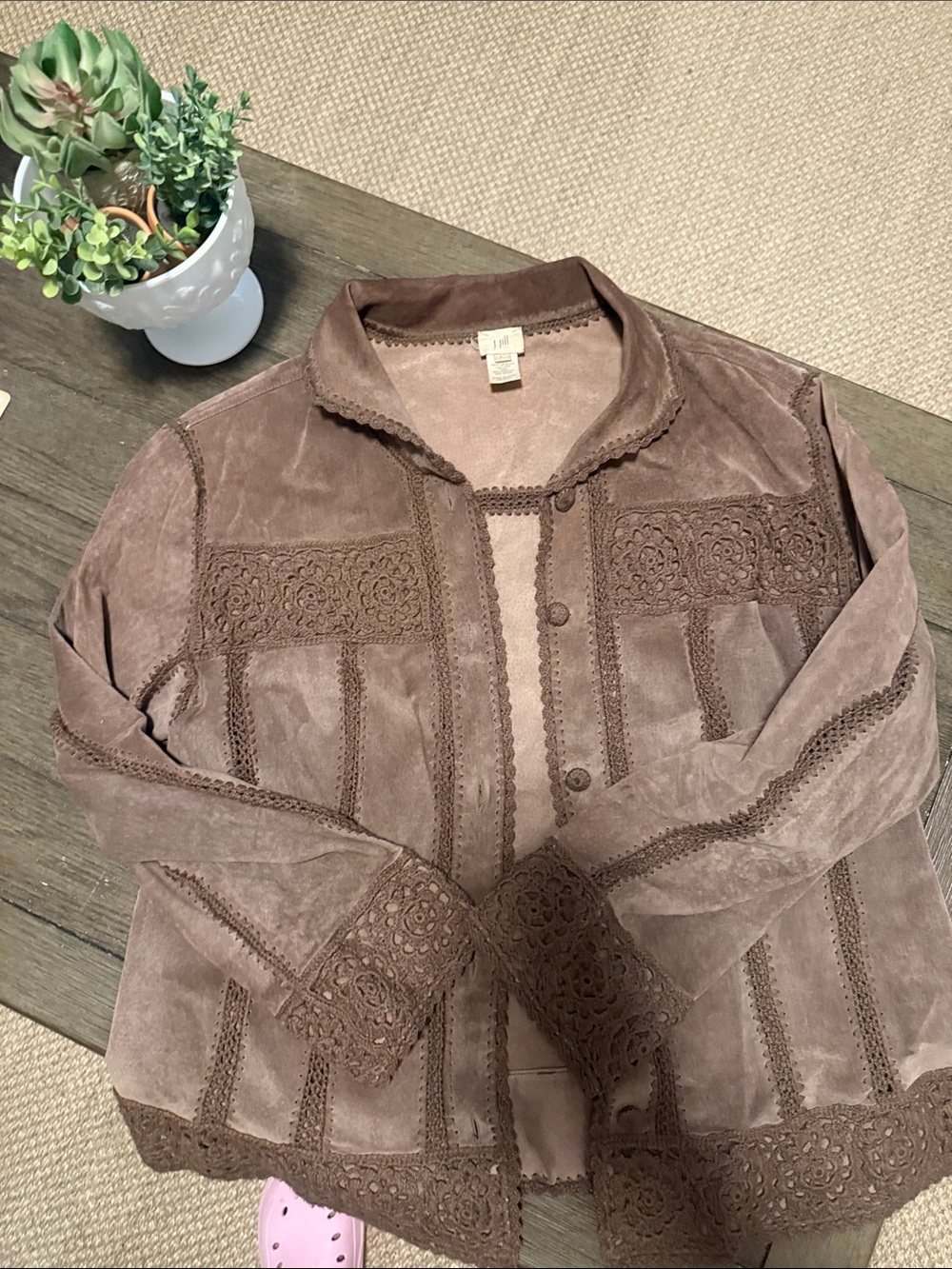 J. Jill Brown Suede Crochet-Trim Jacket